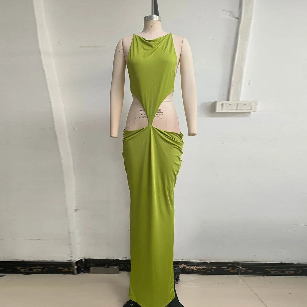 Fashion Halter Cowl Neck Cutout Floor Length Mermaid Dress for Women Backless Thin Strap Draped Ruched Bodycon for Party