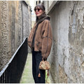 Brown Suede Shearling Lined Hooded Cropped Jacket Women's Bomber Coat  Warm Winter Outerwear Fashion High Street Lady Outfit