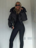 Trendy Solid Hooded Zip Snap Button Short Puffer Jacket Women Slim Fit Cropped Outerwear Winter Casual Street Daily Holiday Wear
