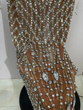 Luxery Sparkly Rhinestones Tassel Transparent Mesh Stretch Long Dress Women Evening Celebrate Birthday Dress Sexy Stage Costumes