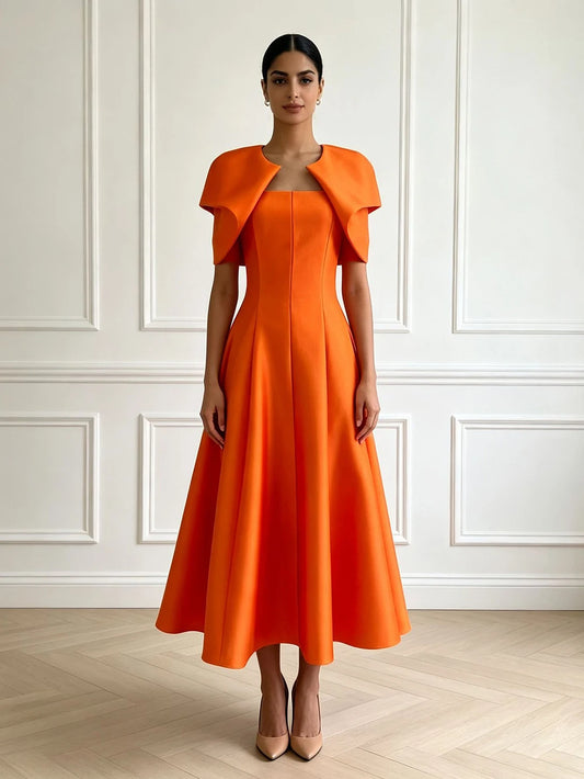 Retro Solid Color Satin Fake Two Piece Shawl Long Dress 2026 New Women'S High Waisted Dress Elegant Dinner Gown