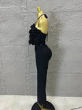 Elegant Two Piece Set Women Halter 3D Flower Crop Top High Waist Flare Pants Bandage Suit Party Casual Formal Wear