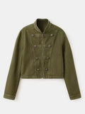 Green Napoleon Short Jeans Jacket Women's Chic Stand Collar Long Sleeve Zipper Crop Coat 2026 Lady Fall New Daily Street Outwear