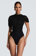 Ladies Bodycon Mesh Ruched Romper Asymmetric Draped Shoulder Mock Neck Short Jumpsuit Slim Fit Wrap Hem Cocktail And Clubwear