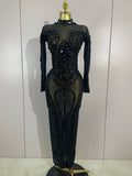 Women Sparkly Full Rhinestone Sequin Sheer Long Dress Sexy Fashion Club Party Birthday Nightclub Drag Queen Dancer Stage Costume