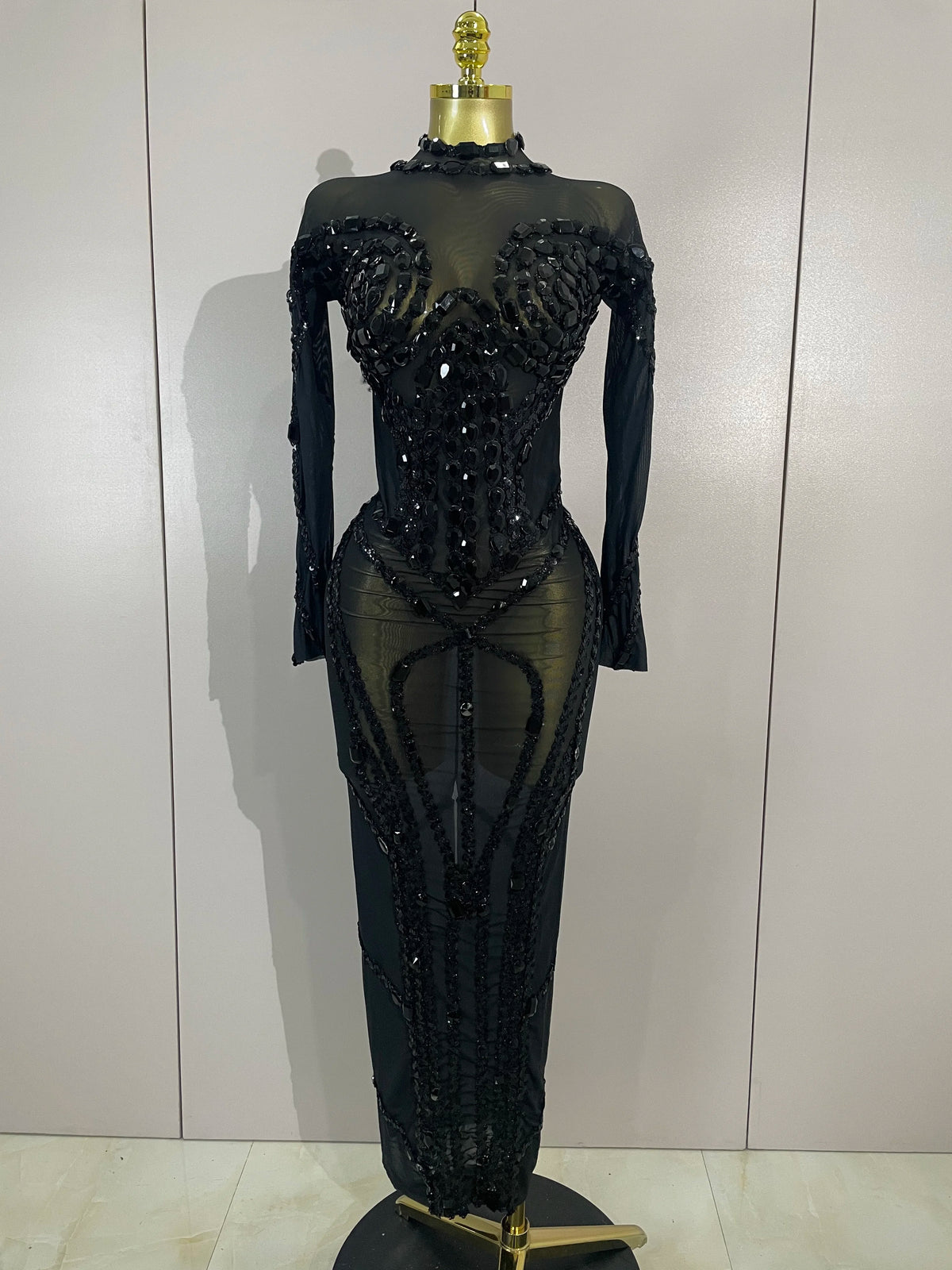 Women Sparkly Full Rhinestone Sequin Sheer Long Dress Sexy Fashion Club Party Birthday Nightclub Drag Queen Dancer Stage Costume