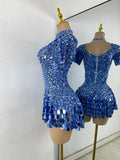 Sexy Women Short Sleeve Sparkly Sequins Stage Dress Luxury Evening Party Nightclub Performance Costume Stage Wear