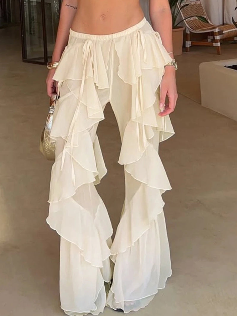 Street Hot Girl Style Pants for Women Low Waist Spliced ruffled Fashion Sheer Mesh Flared Trousers Female Autumn