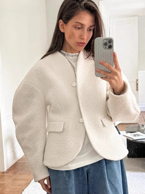 Temperament Solid Woolen Coat for Women V Neck Horn Sleeves Fashionable Designer Jackets Female Autumn New Style