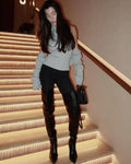 Knitted Top Two Piece Set For Women Turtleneck Sleeveless Pullover Vest Long Sleeve Texture Patchwor Set Lady Sexy Set
