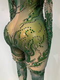 Sparkly Rhinestone Sexy Mesh Bodycon Jumpsuit Nightclub Bar Evening Party Gogo Dancer Clothing Drag Queen Outfit Stage Costume