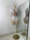 Women Sexy Long Sleeve Spandex Beading Tassels Skiny Bodysuit Performance Dance Costume Nightclub Party Outfit