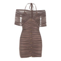 Y2K Mesh Halter Dress Women Sexy Ruched Patchwork Pleat Lace-Up V-Neck Button Elegant Peach Hip Stretch Slim Bodycon
