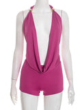 Sexy Summer 2-Piece Set Women Halter Deep Swing Collar Backless Camisole+Shorts Matching Sexy Clubwear Skinny Outfits