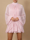 Chic Birthday Party Pink Pleates Ruffled Mini Dress for Women Strapless Design Shiny Fabric with Smock for Stylish Outings