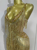 Sparkly Gold Rhinestones Sequins Fringe Jumpsuit Women Sexy Nightclub Party Birthday Outfit Show Singer Stage Perform Costume