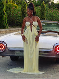 Sexy Yellow Chiffon Halter Maxi Dress Lady Chic Hollow Out Backless Lace Up Sleeveless See Through Robe Female Spring Party Wear