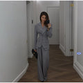 Women Solid Lapel Neck Top Pant Suit Set Elegant Full Sleeve Single Breasted Slim Coat Leg Loose Pants Suit Lady New Chic Sets