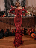 Women Autumn Winter Floor-Length Dress Elegant Long Sleeve Slash Neck Sequin Club Party Dresses Sexy Long Gown Maxi Dress
