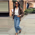 Women's Brown Knitted Cardigan Fashion Turn Down Collar Single Breasted Pockets Sweater Lady 2025 Autumn Casual Street Outerwear