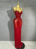 Sparkly Vertical Rhinestone Strapless Mesh Maxi Dress Bodycon Mermaid Long Gown Suitable Formal Birthday Pageant NightclubStage