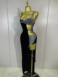 Sexy Photo Shoot Outfit Sparkly Diamonds Side Slit Black Velvet Bodycon Long Dress Women Evening Party Nightclub Stage Costumes