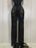 Sparkly Black Rhinestones Sequined Fringe Jumpsuit Women Sexy Nightclub Party Birthday Outfit Show Singer Stage Perform Costume