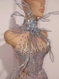 Women Eveing Party Dancer Nightclub Sexy Stage Photo Shoot Costume Sparkly Rhinestones Sleeveless Mesh See-Through Mini Dress