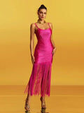 High Quality Fashion Fringe Rose Red Spaghetti Strap Long Dresses Women'S Tassel Celebrity Bandage Dress Prom Vestidos