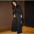 Solid Color Tie Neck Satin Blouse Wide Leg Pants Two Piece Set Long Sleeve Loose Fit 2026 Spring Daily Vacation Women Outfit