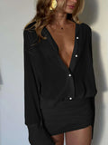 Ruched See Through Dress Women Patchwork Single-Breasted Full Sleeve Bandage Tassel Trend Streetwear Mini Bodycon