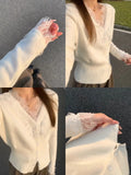 White Lace Knitted Cardigan for Women Elegant V Neck Button Sweater Cardigans Knitwears New Winter Autumn Clothing Black Jumpers