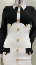 Women's Gold Button Black White Color Matching Dress Fashion Personality Bandage Evening Gown Performance Costume Abiti Da Festa