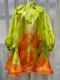 Abstract Brush Print Mini Dress for Women  Bow Tie Neck Lantern Long Sleeve Sheer Organza Loose A Line for vacation shopping