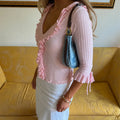 Ruffled Knit Casual Pullover Women's Bow Lace Up V-Neck Solid Slim Commuter T-Shirt Summer New Female Party Vacation Top