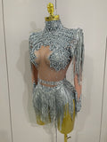 Women Sparkly Rhinestone Sequin Tassel Stretch Bodysuits 2025 New Arrival Birthday Party Nightclub Dj Stage Performance Costume