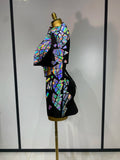 Women Long Sleeve Sequin Mini Bodycon Three Piece Set Birthday Evening Party Costume Bar Nightclub Performance Stage Outfit
