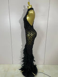 Luxury Sparkly Red Rhinestones Feather Sexy Mesh See Through Long Dress Women Birthday Evening Nightclub DJ Dancer Stage Costume