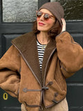Brown Suede Shearling Lined Hooded Cropped Jacket Women's Bomber Coat  Warm Winter Outerwear Fashion High Street Lady Outfit