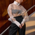 Solid Loose Fashion Blouse for Women Stand Neck Long Sleeves Patchwork Sheer Elegant T Shirts Female Clothing New