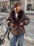 Women Short Belted Puffer Jacket Large Faux Fox Fur Collar Waist Tie Puff Sleeve Thick Warm Coat Winter Elegant 2026 Streetwear