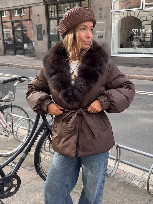Women Short Belted Puffer Jacket Large Faux Fox Fur Collar Waist Tie Puff Sleeve Thick Warm Coat Winter Elegant 2026 Streetwear