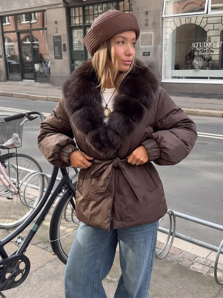 Women Short Belted Puffer Jacket Large Faux Fox Fur Collar Waist Tie Puff Sleeve Thick Warm Coat Winter Elegant 2026 Streetwear