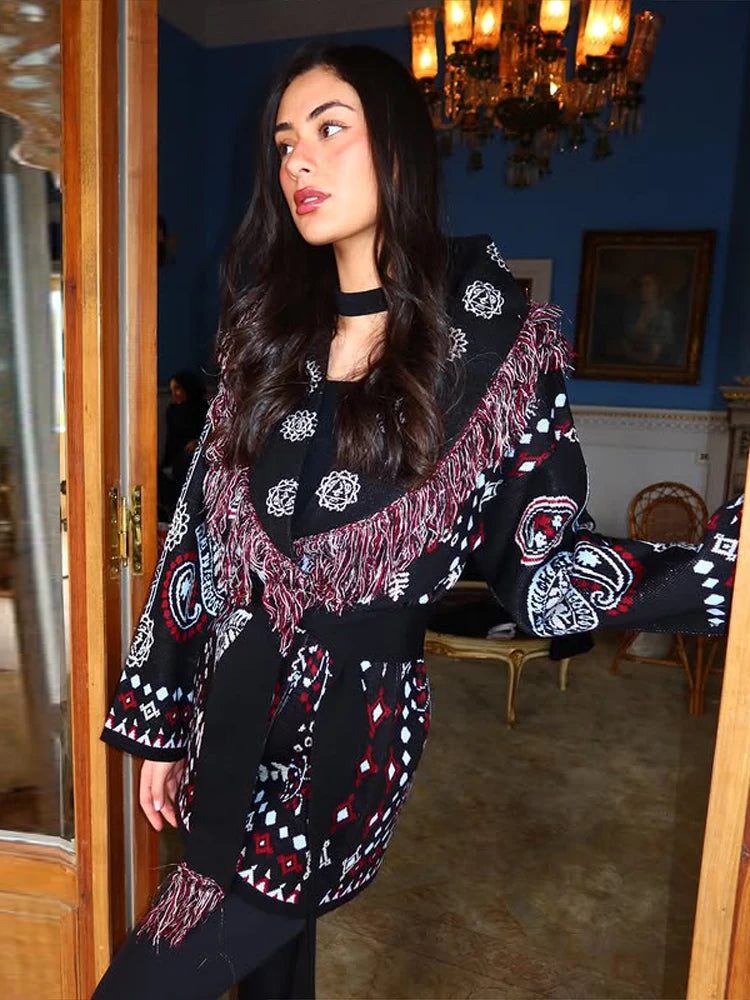 Women Ethnic Jacquard Knit Cardigan Fringe Trim Shawl Collar Belted Waist Long Sleeve Fashion Elegant Print Loose Coat Outerwear