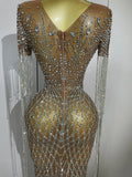 Luxery Sparkly Rhinestones Tassel Transparent Mesh Stretch Long Dress Women Evening Celebrate Birthday Dress Sexy Stage Costumes