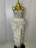 Women Sexy Elegant Evening Party Luxury Birthday Photo Shoot Performance Costume Sparkly Rhinestone Feather Mesh Long Dress