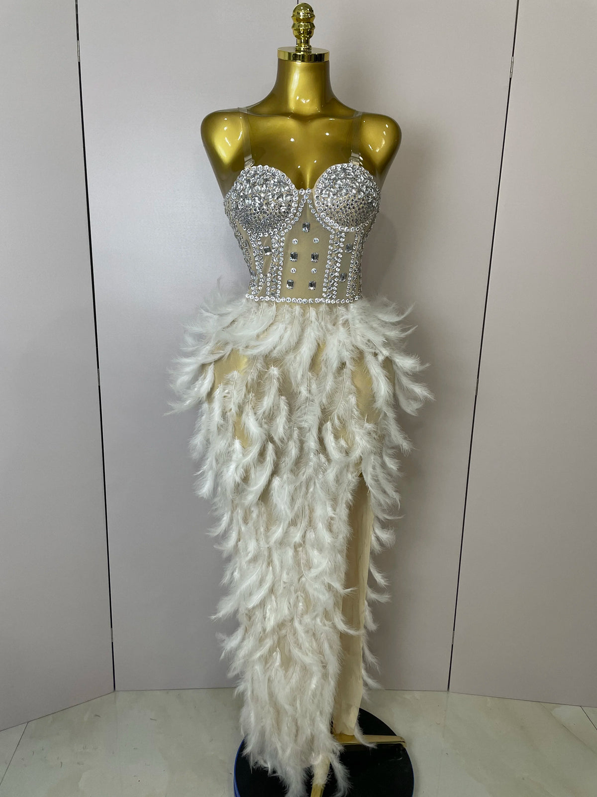 Women Sexy Elegant Evening Party Luxury Birthday Photo Shoot Performance Costume Sparkly Rhinestone Feather Mesh Long Dress