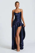 Sexy Satin Long Dress Luxury Ruffles Backless Bandage Evening Dresses Red Burgundy Blue Wedding Guest Cocktail Party Summer New