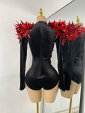 Women Sexy Sparkly Crystals 3D Sequined Stars Velvet Long Sleeve Bodysuit Nightclub Performance Dance Costume Singer Stage Wear