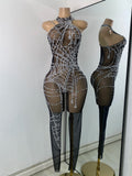 High Street Mesh Spider Web Tight Jumpsuit Performance Dance Costume Luxury Rhinestones Nightclub Bar Stage Leotard